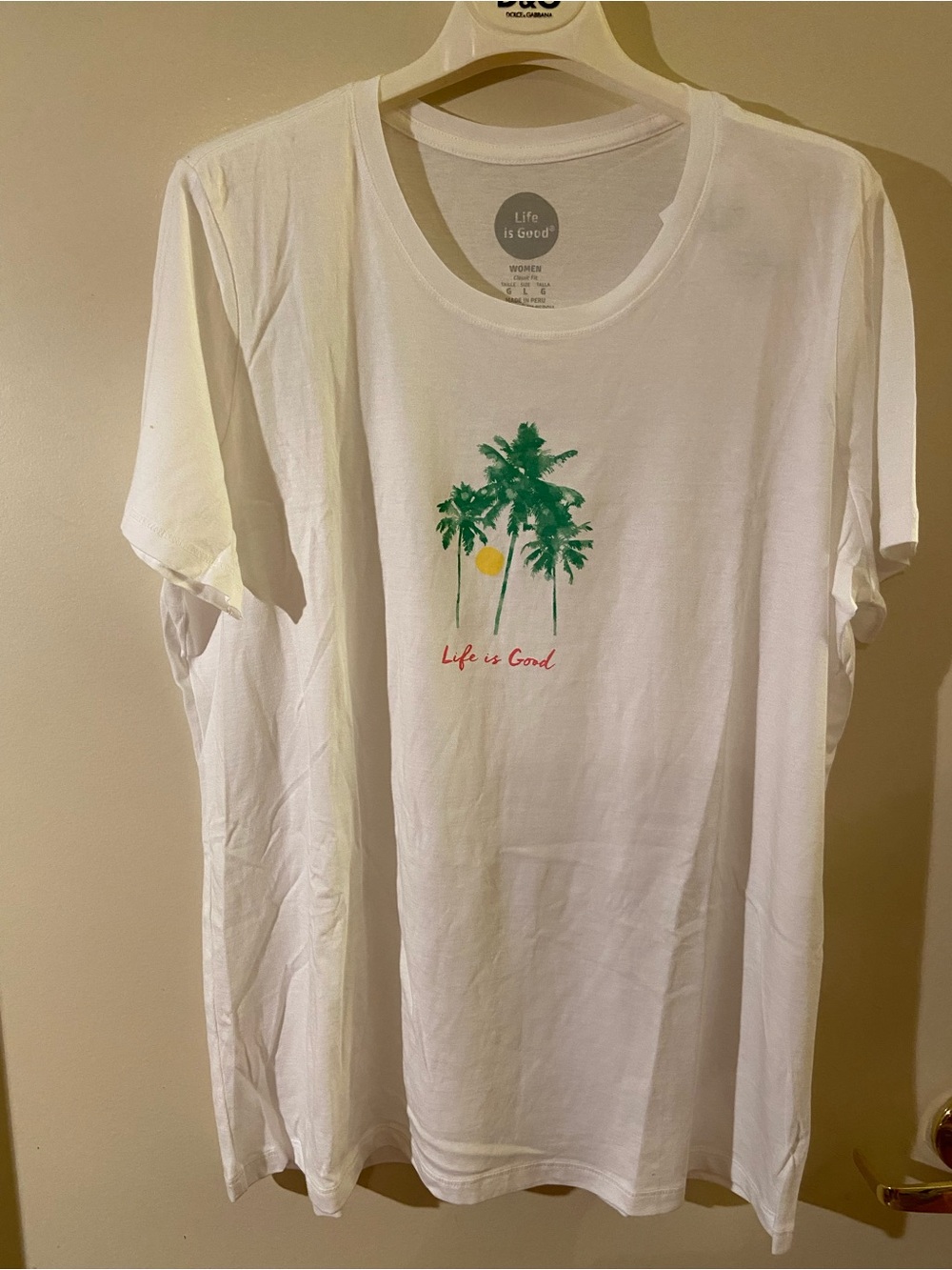 Life Is Good White Tee with Green Palm Tree and Yellow Sun Graphic